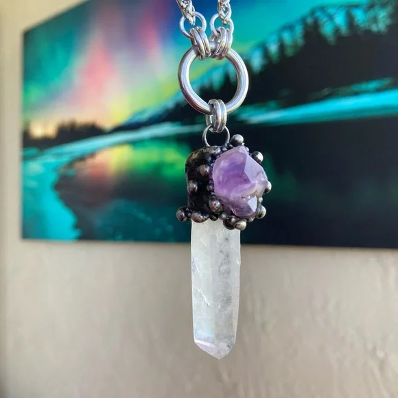 Natural raw purple amethyst & crystal quartz gemstone boho charm necklace - Picture 15 of 16